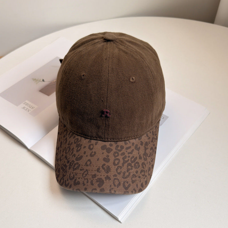 American Retro Leopard Print R-letter Logo Patch Baseball Cap With Soft Top, Versatile For Both Men And Women, Baseball Cap With A Flat Top