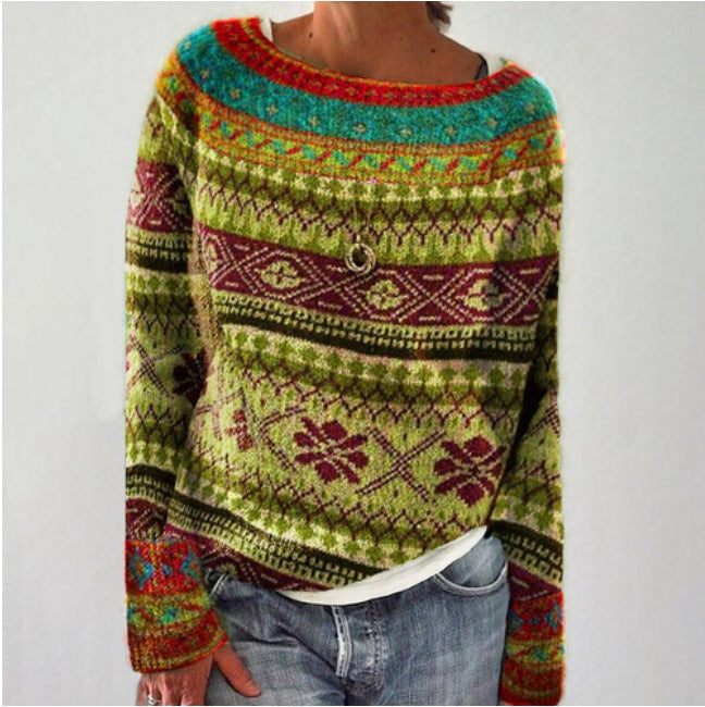 Women's Round Neck Loose Multicolor Pullover Sweater