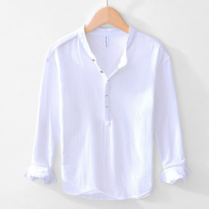 Chinese-style V-neck Pullover Cotton-linen Shirt