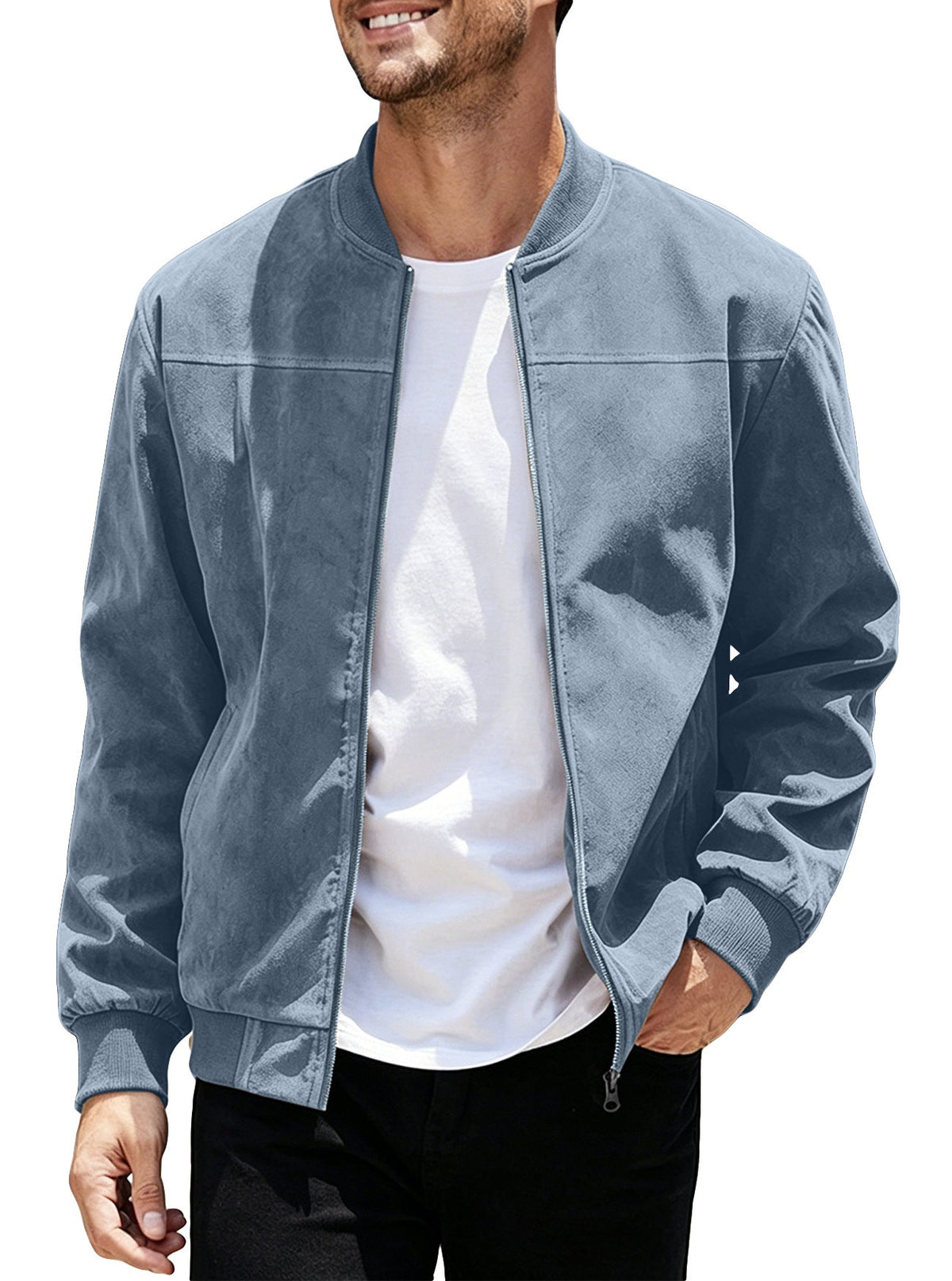 Cross-Border European And American  Men's Suede Zipper Jacket With Solid Color Patchwork Design, Simple Solid Color Outerwear