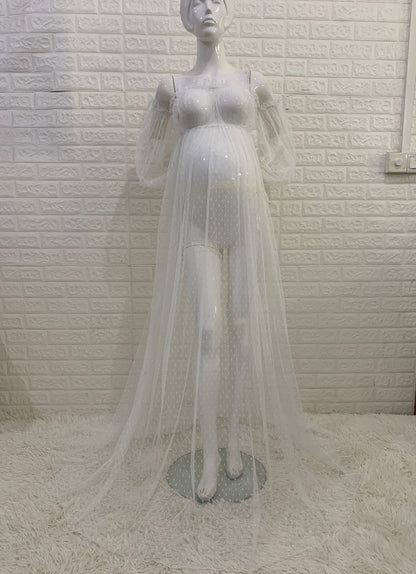 Dot Mesh Off-shoulder Puff Sleeve Pregnant Women Mopping Dress
