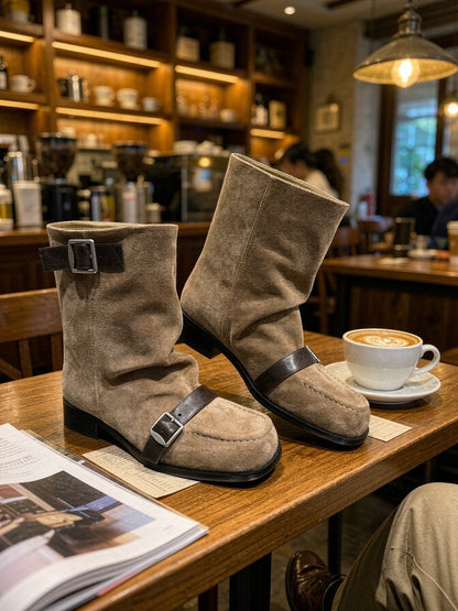 Women's Koreanstyle Belt Buckle Slouch Boots, Widecalf Squaretoe Blockheel Midcalf Riding Boots