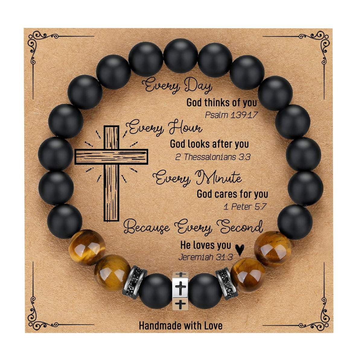 Tigers Eye Stone And Stainless Steel Cross Beaded Bracelet