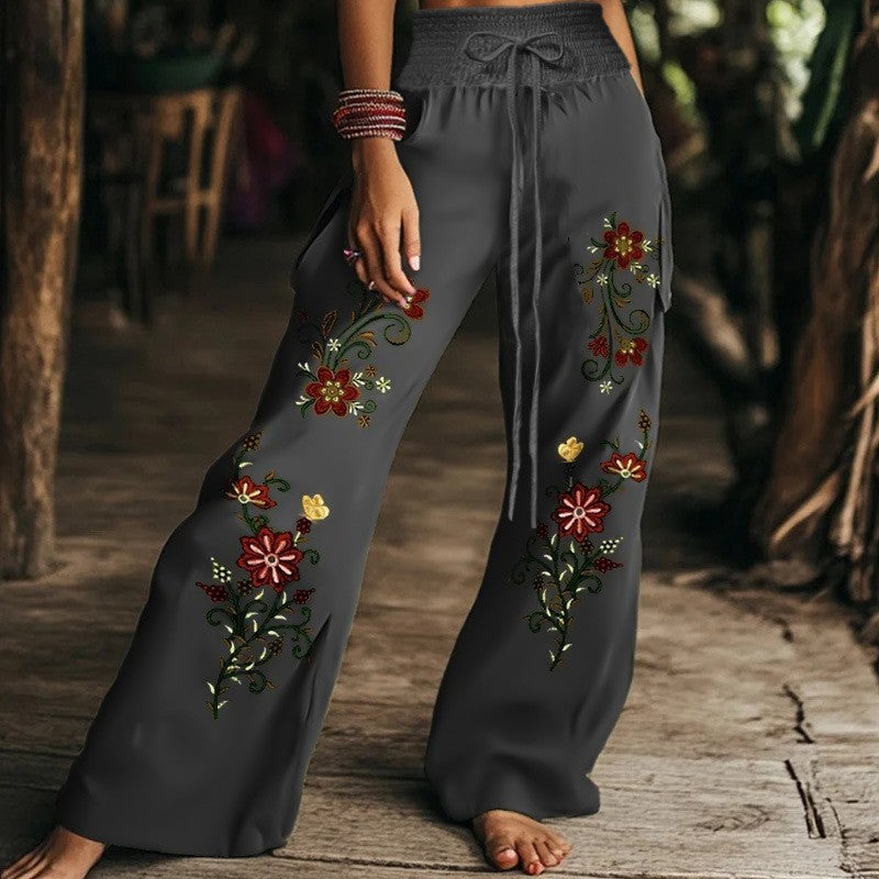 2026 European American Boho  Wide Leg Pants Women Elastic Drawstring High Waist Casual Trousers With Pockets
