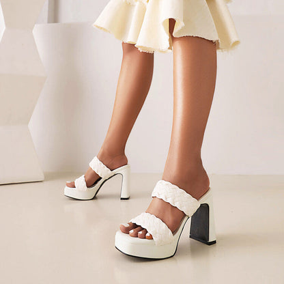 Round Toe Open Toe Side Empty Woven Foot Waterproof Platform Chunky Heel High Heel Sandals