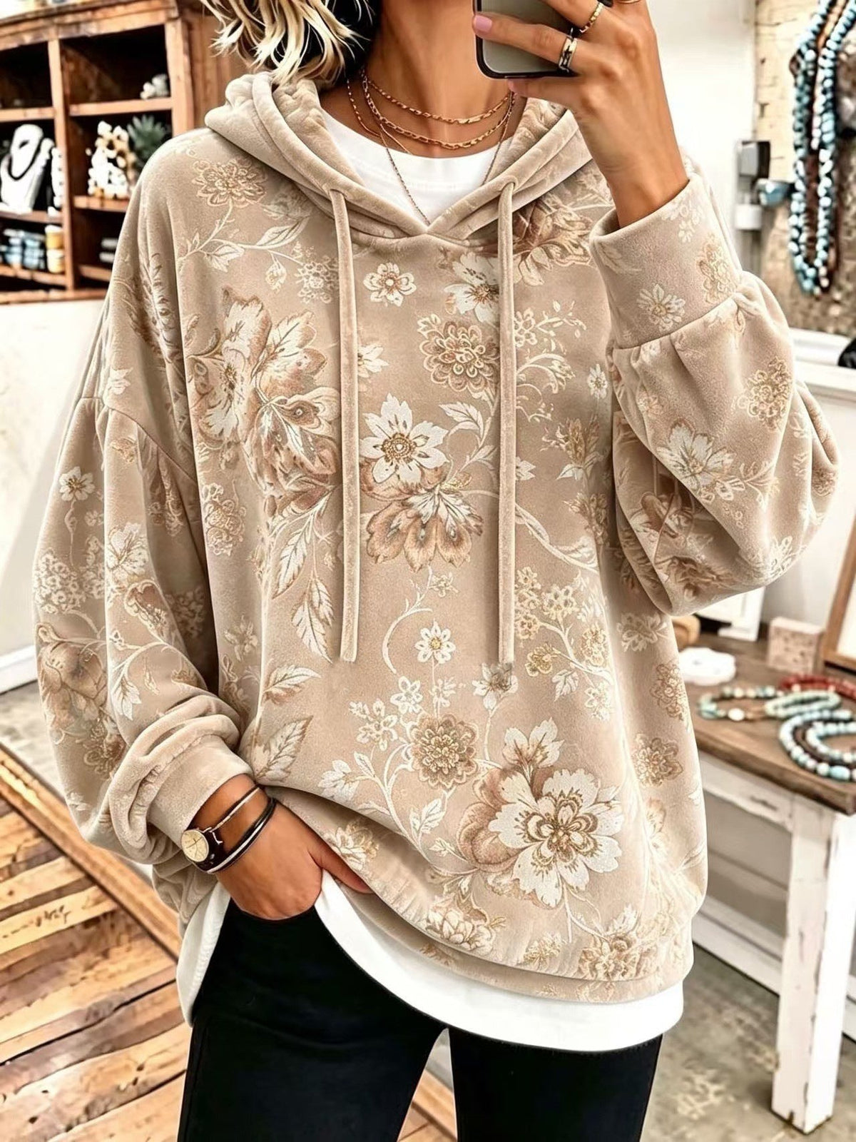 Women's Velvet Hooded Floral Sweatshirt Loose-fitting Long-sleeve Top