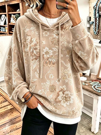 Women's Velvet Hooded Floral Sweatshirt Loose-fitting Long-sleeve Top