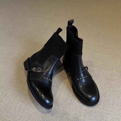 Rivet Belt Buckle Stretch Skinny Black Sock Ankle Boots