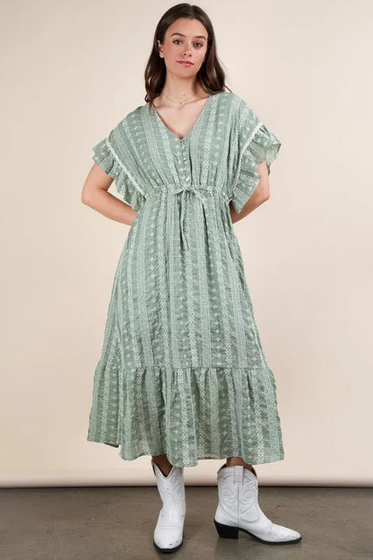VERY J Embroidered Boho Ruffled Midi Dress