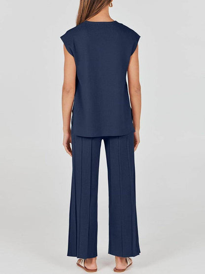 Round Neck Cap Sleeve Top and Pants Knit Set for Women