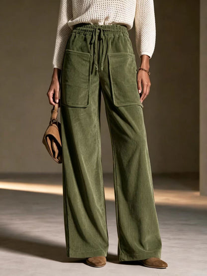 Women's High-waisted Drawstring Corduroy Wide-leg Pants