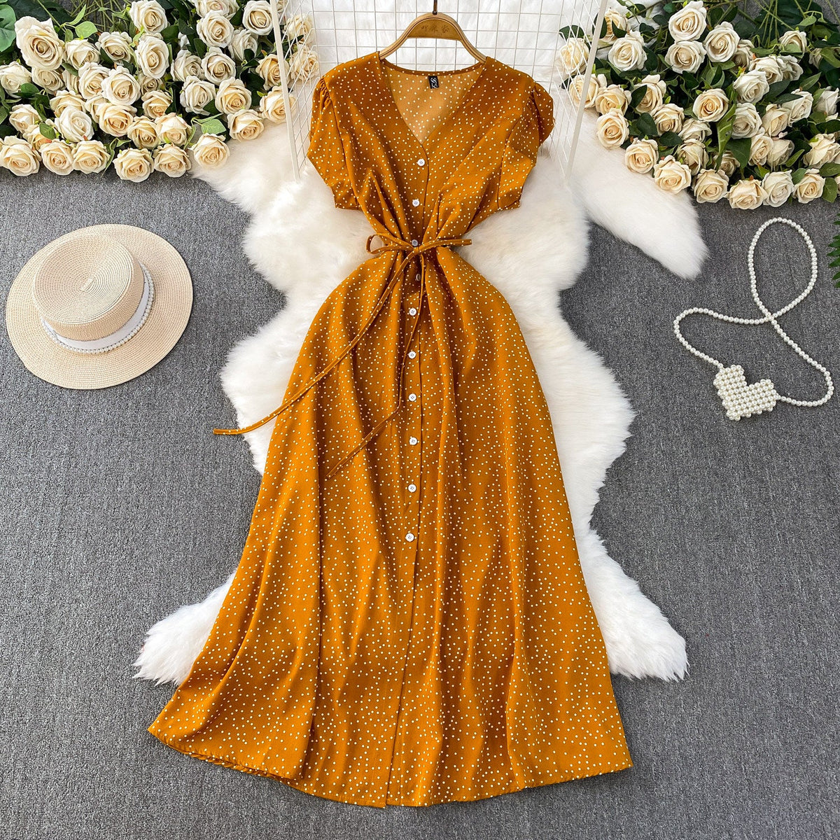 Womens Solid-Color Polka-Dot V-Neck Short-Sleeve Dress