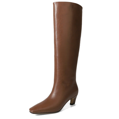 French Minimalist-style Square-toe Kitten-heel Over-the-knee Straight-leg Leather Booties