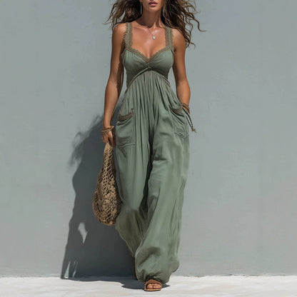 Womens Solid-color Strapless Sleeveless Jumpsuit