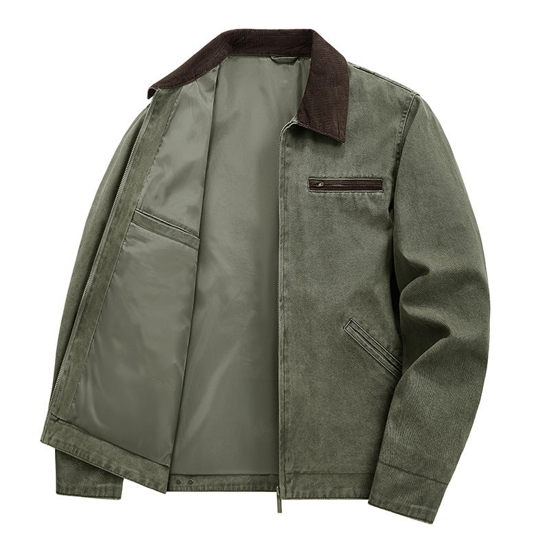 Lightweight Loose-fit Plus-size Washed Work Jacket With A Lapel Collar