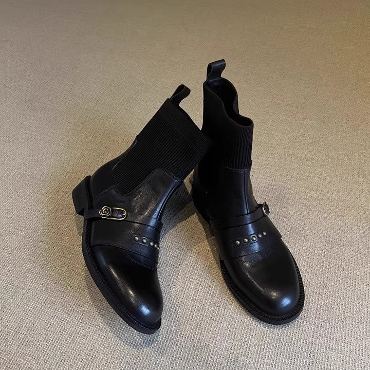Rivet Belt Buckle Stretch Skinny Black Sock Ankle Boots
