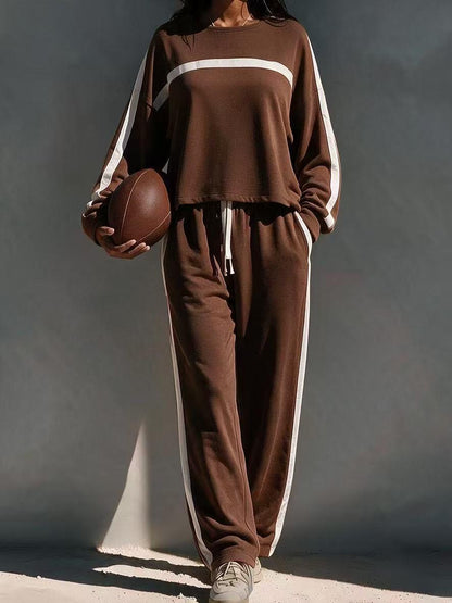 Striped Color-Block Casual Sporty Crew-Neck Sweatsuit Two-Piece Set