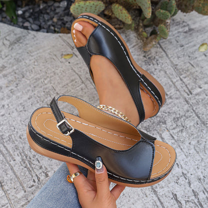 Hollowed-out Wedge Sandals With Velcro Straps And A Thick Sole In Roman Style