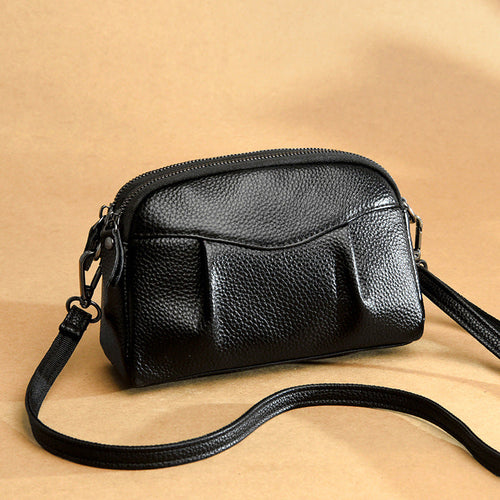 Womens Genuine Leather Solid-Color Multi-Pocket Crossbody Bag