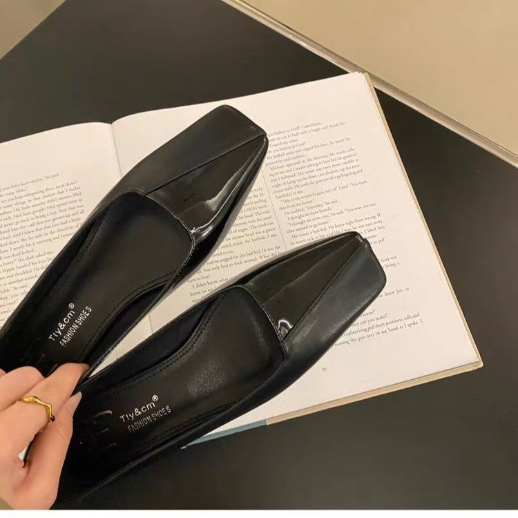 Spring All-matching Low Heel Retro Flat Bottom Square Toe Gommino Pumps Women