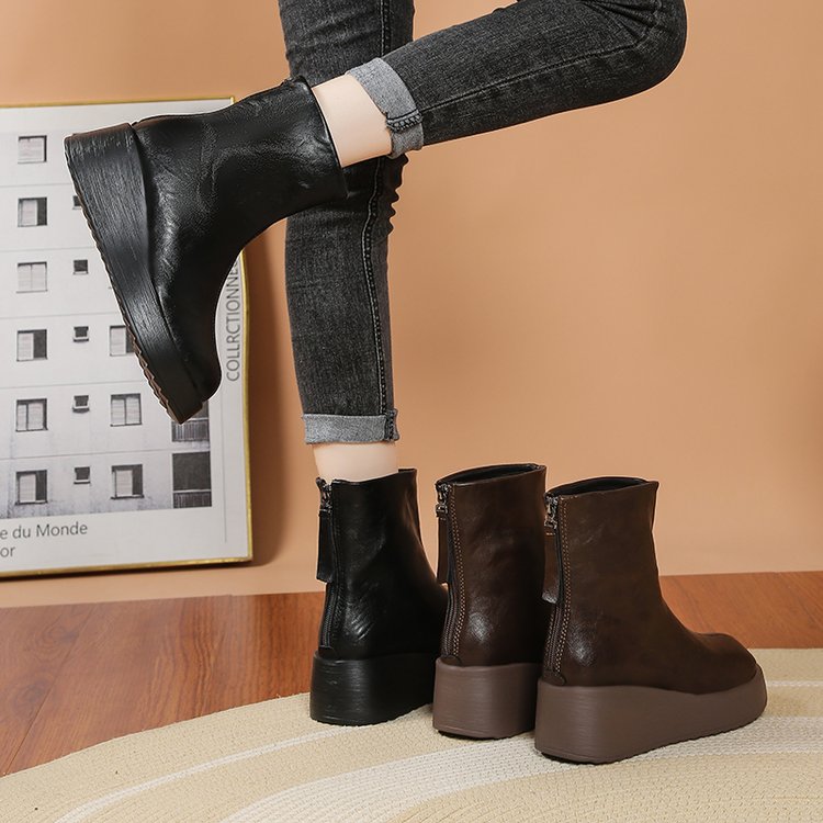Retro Fashion And Comfortable Short Boots, New Round Toe Thick Sole Height Increasing Single Boot