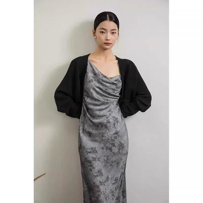 French-style Vintage Black Batwing-sleeve Sweater Shawl Tunic