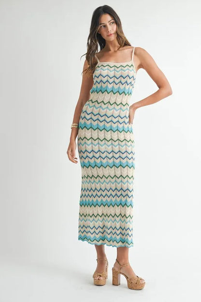 MABLE Lightweight Pointelle Chevron Knit Maxi Dress