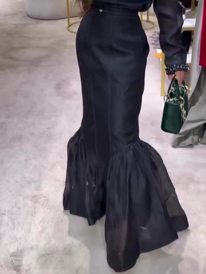 Black Structured Organza Mermaid Maxi Skirt