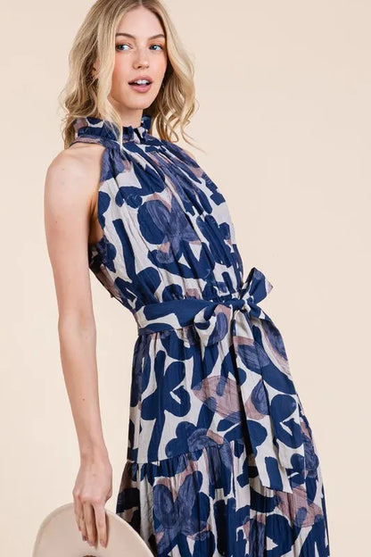 Lime 'N' Chili Abstract Halter Neck Tie-Waist Tiered Maxi Dress
