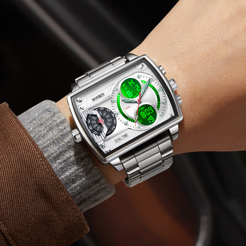Three-Time-Zone Dual-Display Luminous Water-Resistant Sports Mens Watch