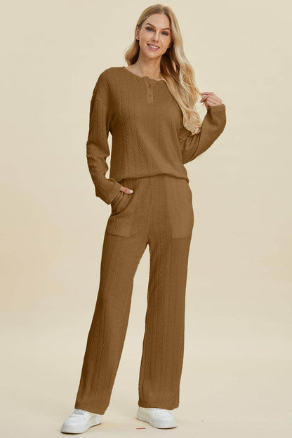 Double Take Full Size Cable-Knit Long Sleeve Top Pants Set