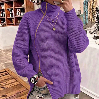 Solid-color Turtleneck Long-sleeve Loose-fit Knit Top With A Side Zipper