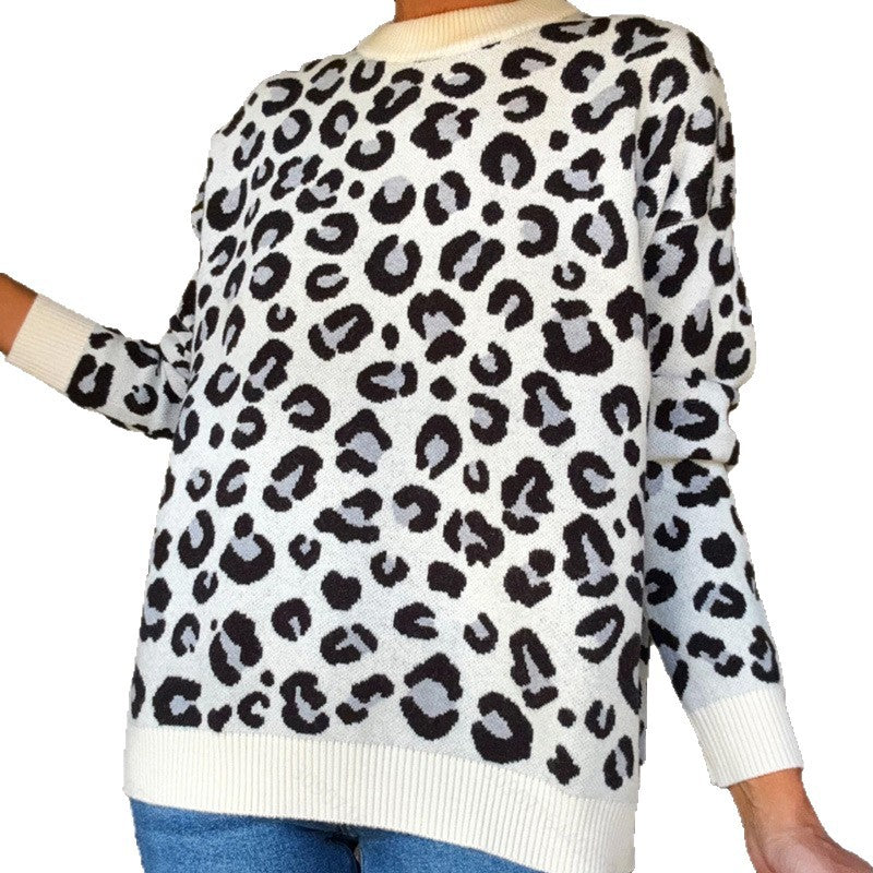 Womens Winter Clothing Round-Neck Jacquard Knit Loose-Fit Sweatshirt With Animal Print