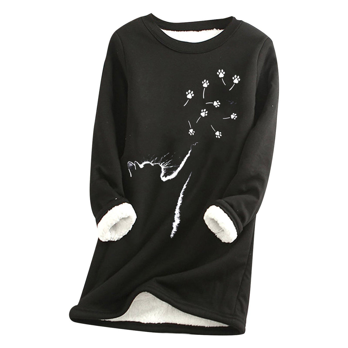 Womens Cat-Paw Print Fluffy Crew-Neck Sweatshirt
