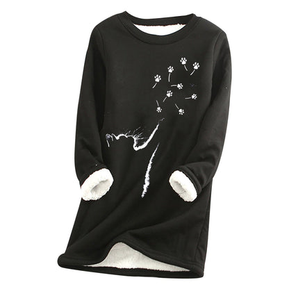 Womens Cat-Paw Print Fluffy Crew-Neck Sweatshirt