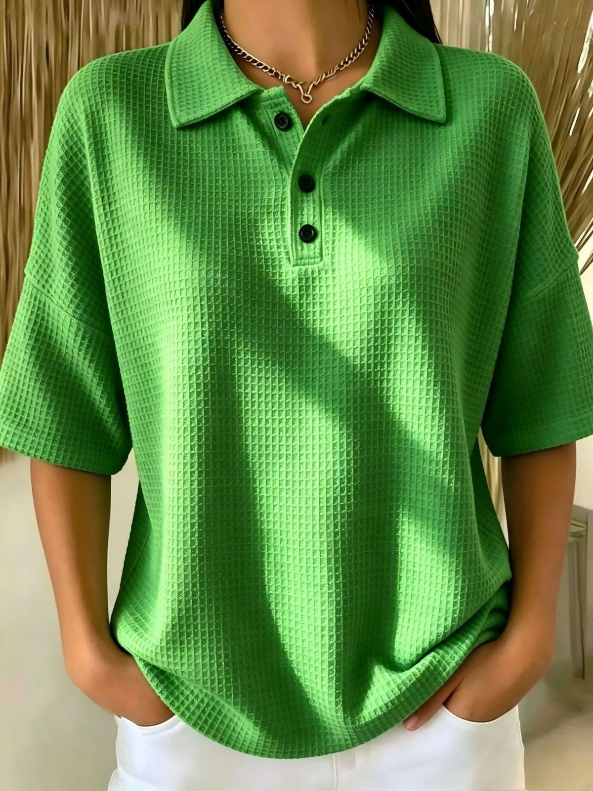 Cross-Border  Foreign Trade Fashion Waffle Short-Sleeved T-Shirt Solid Color Button T-Shirt Polo Collar Pullover Loose Top