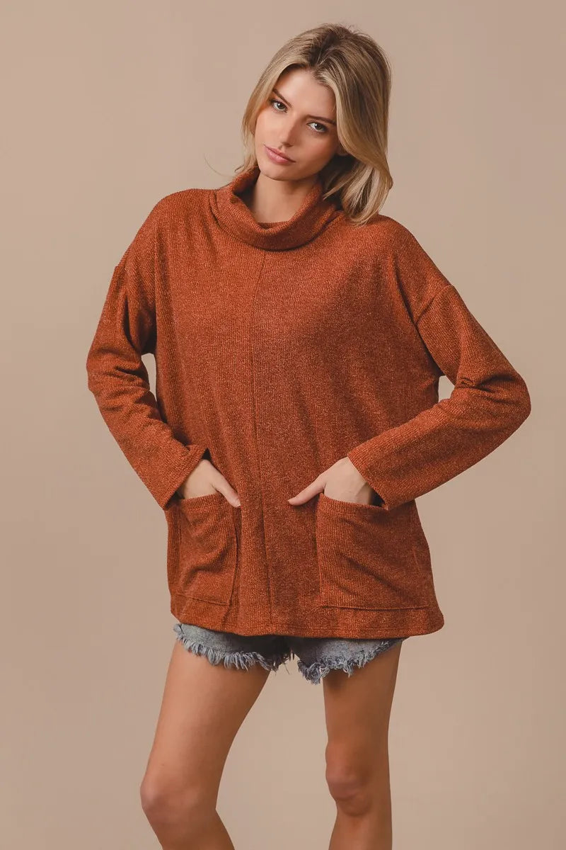 BiBi Piper Rib Double Pocket Turtle Neck Sweater