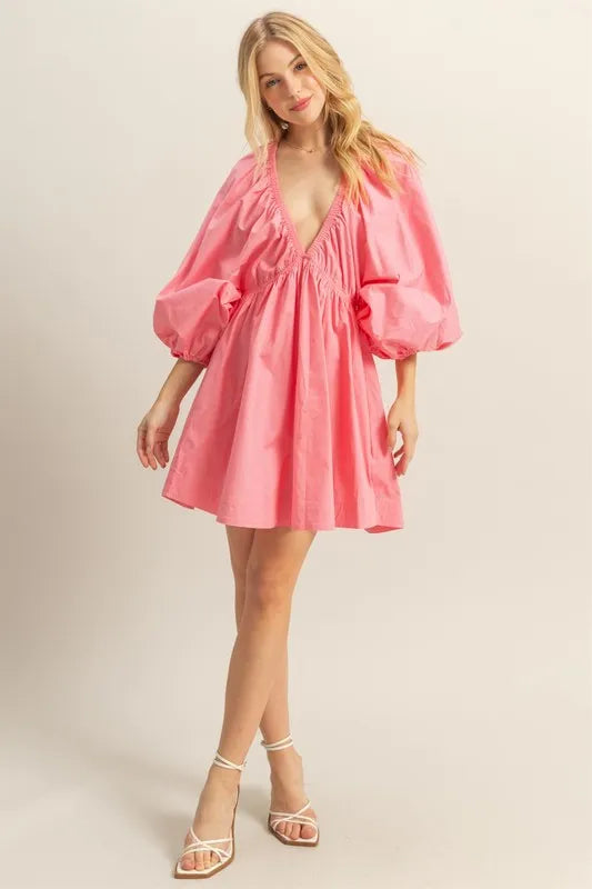 HYFVE Plunge Balloon Sleeve Poplin Mini Dress with Pockets