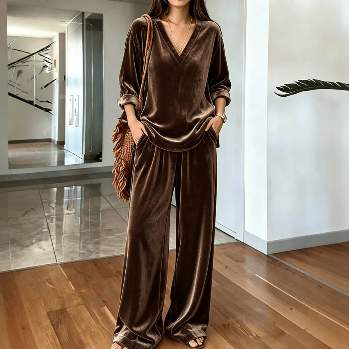 Women's Solid Color V-Neck Top And Wide-Leg Pants Set