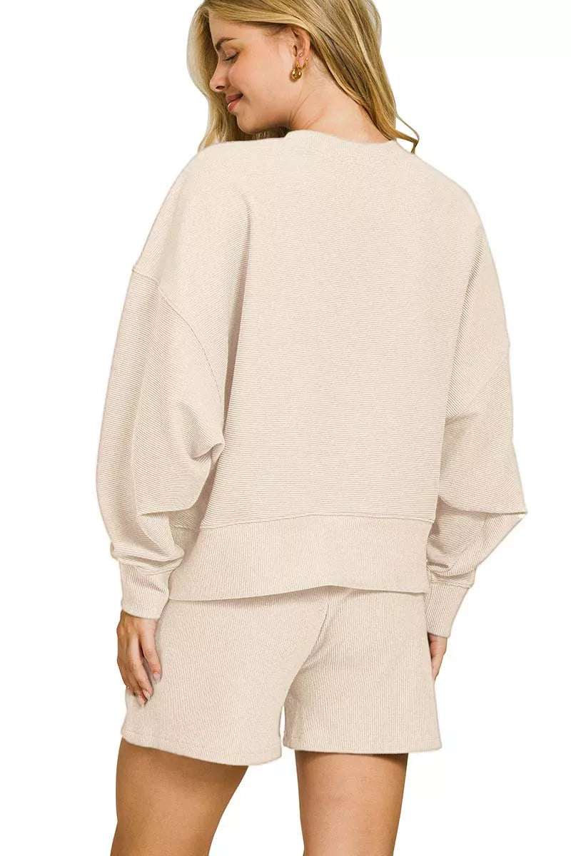 Zenana Ribbed Round Neck Pullover and Shorts Set