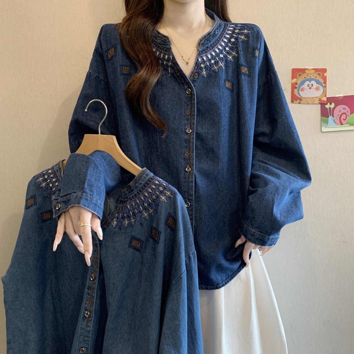 Retro Ethnic-Style Embroidered Denim Shirt For Women