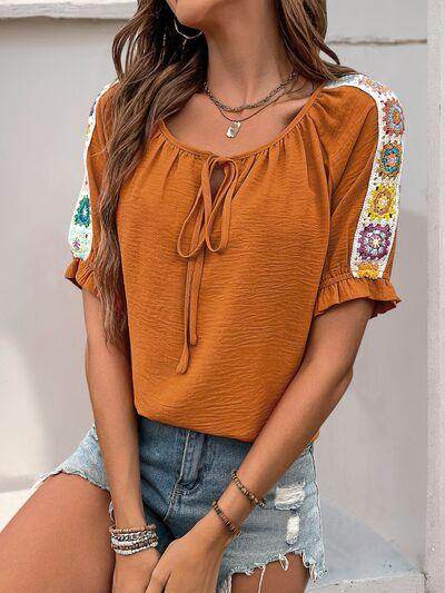Perfee Tied Crochet Detail Short Sleeve Blouse for Women