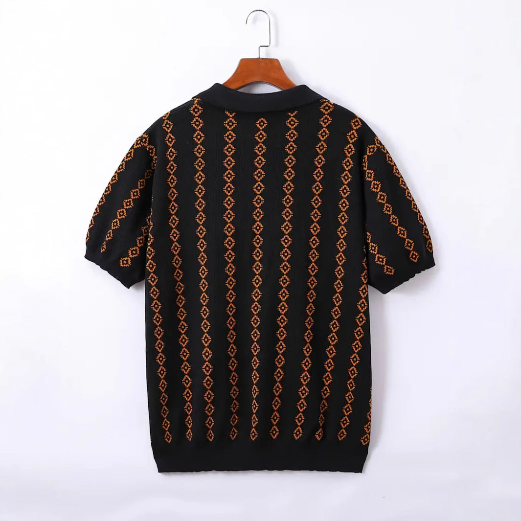Men's Knitted Striped Polo Shirt Lapel Half Sleeve Jacquard T-shirt