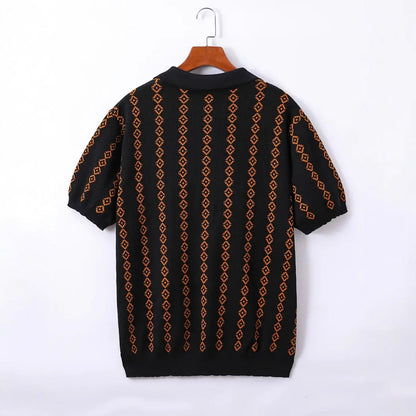Men's Knitted Striped Polo Shirt Lapel Half Sleeve Jacquard T-shirt