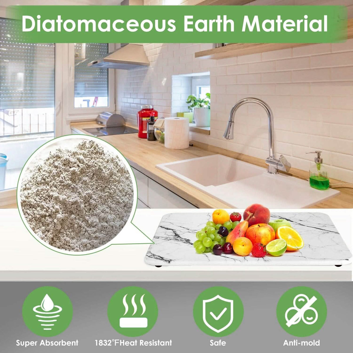 2-Pack: Stone Dish Drying Mat Silicone Diatomaceous Earth Mat