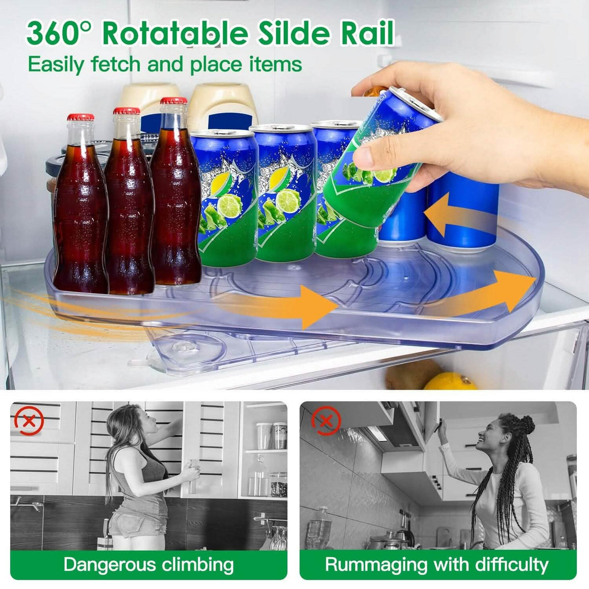 2-Tier Turntable Organizer Rectangular Refrigerator Spinner Storage Rack with 360° Rotatable Slide Rail