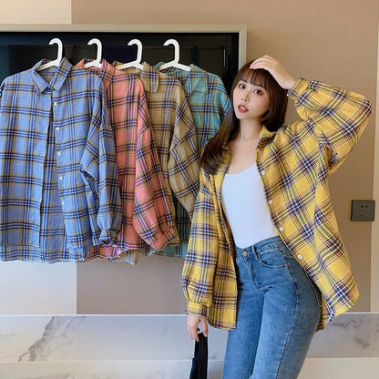 Loose design niche long-sleeved plaid shirt