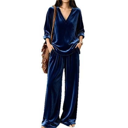 Women's Solid Color V-Neck Top And Wide-Leg Pants Set