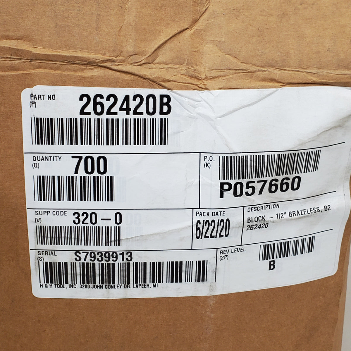 H&H TOOL INC (700 Pieces) Aluminum Brazeless Block 1/2" 262420B Auto Part 30lbs