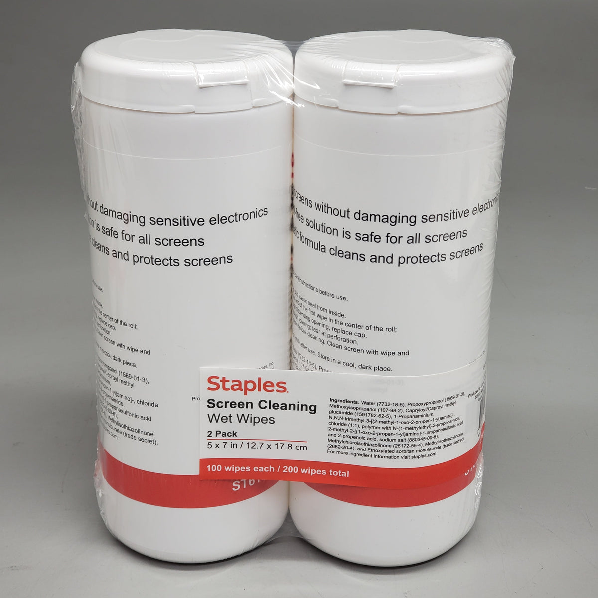 ZA@ STAPLES (2 Pack) Screen Cleaning Wet Wipes 100ct 5x7" ST61848 Non-Abrasive
